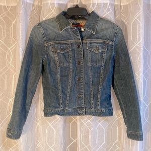 Gap Womens Stretch Denim Jean Jacket Lambs Wool Fair Isle Sweater Lined Size S